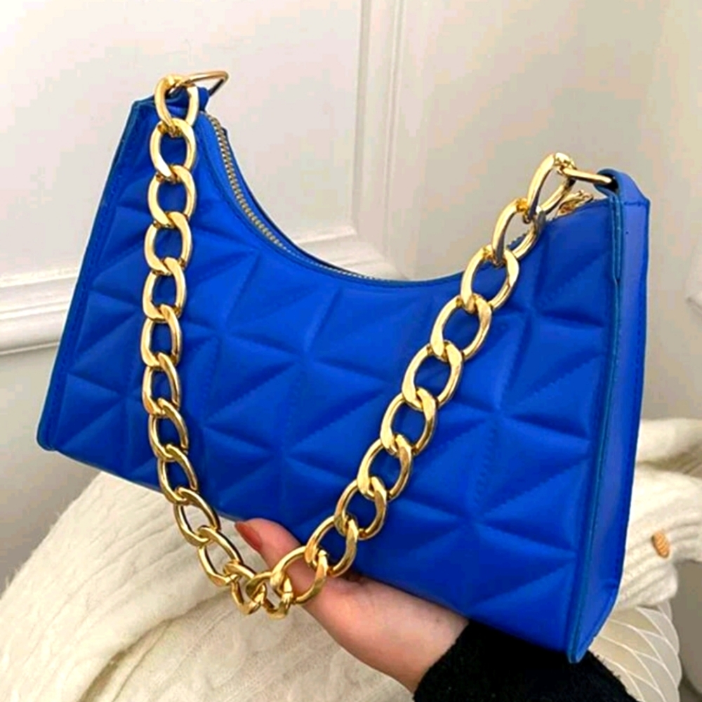 Brand New Minimalist Baguette Bag with Chunky Link Chain, Cobalt Blue